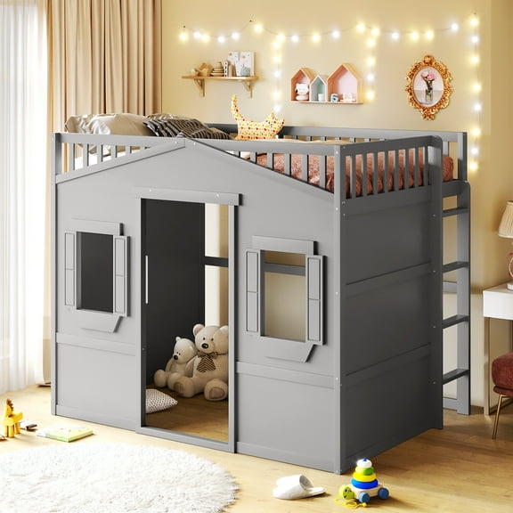 Pinovk Full Size House Loft Bed With Ladder-Gray