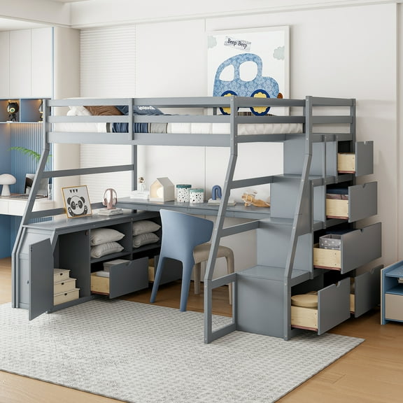 Pinovk Full Size Loft Bed with 7 Drawers 2 Shelves and Desk - Gray