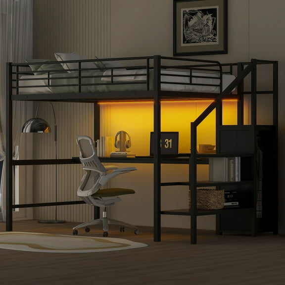 Pinovk Full Size Metal Loft Bed with Desk, Storage Staircase, Small Wardrobe and LED Light,Black