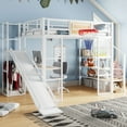 thumbnail image 1 of Pinovk Full Size Metal Loft bed with Built-in Desk, Open Wardrobe, Basketball hoop, Slide and Staircase, White, 1 of 18