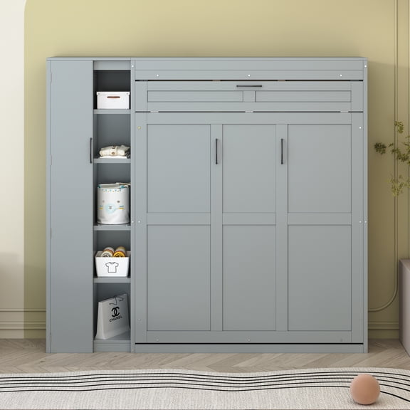 Pinovk Full Size Murphy Bed Wall Bed with Shelves, Wardrobe and LED Lights,Gray