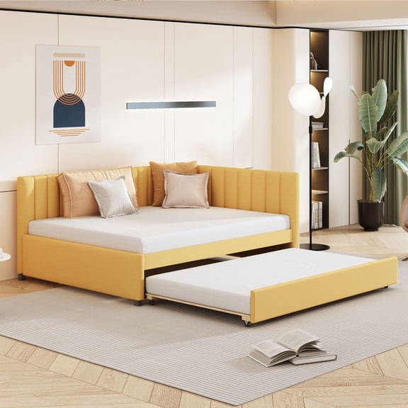 Pinovk Full Size Upholstered Daybed with Trundle Sofa Bed Frame No Box Spring Needed, Linen Fabric(Yellow)