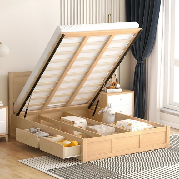Pinovk Full Size Wood Platform Bed with Underneath Storage and 2 Drawers, Wood Color