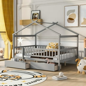 Pinovk Full Size Wooden House Bed with Two Drawers,Gray