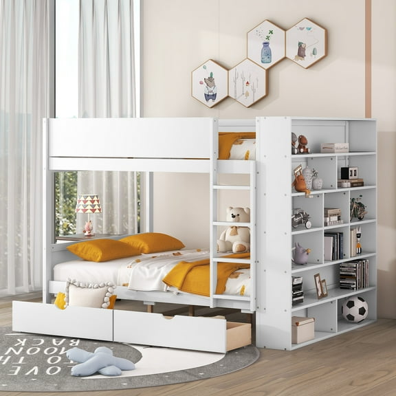Pinovk Full over Full Bunk Bed With 2 Drawers and Multi-layer Cabinet, White