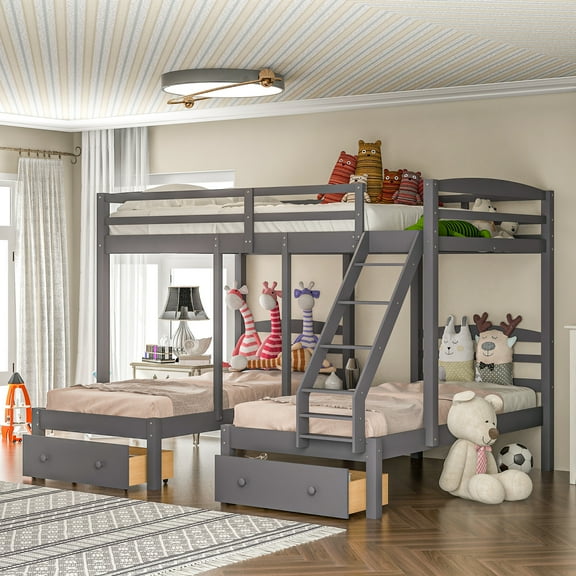 Pinovk Full over Twin & Twin Bunk Bed,Triple Bunk Bed with Drawers, Gray