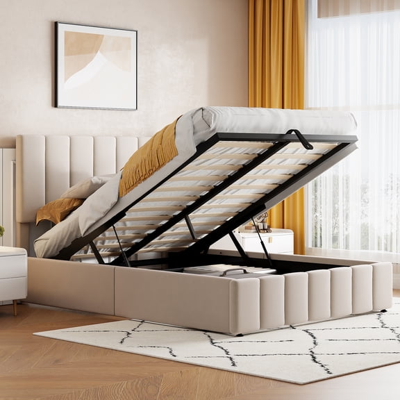 Pinovk Full size Upholstered Platform bed with a Hydraulic Storage System - Beige(OLD SKU: LP000111AAA)