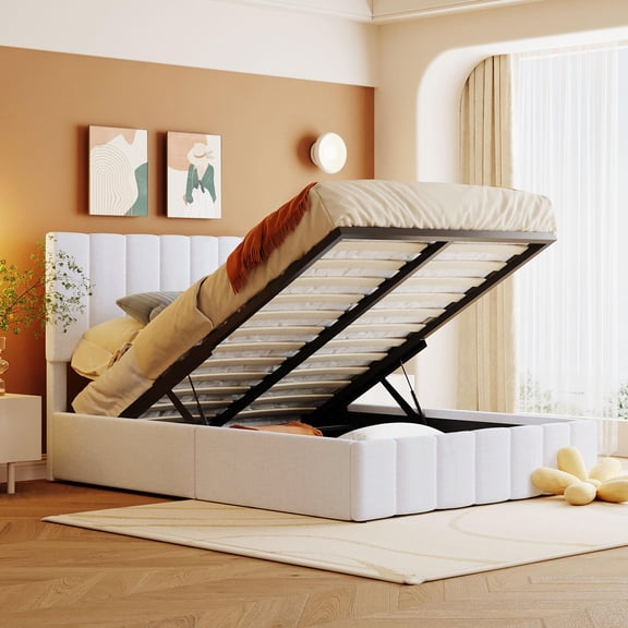 Pinovk Full size Upholstered Platform bed with a Hydraulic Storage System - White(OLD SKU: LP000111AAK)