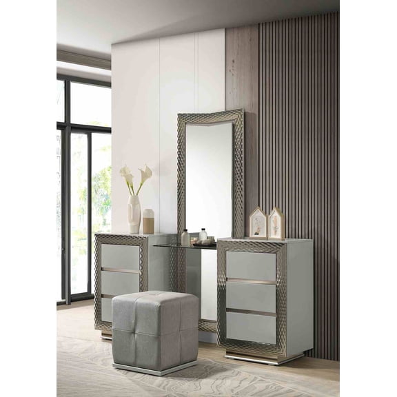 Pinovk Glam Style 1pc Vanity Set w/ Stool Plinth Base Silver Molding Glass Top LED On Headboard And Mirror Gray Finish Bedroom Furniture
