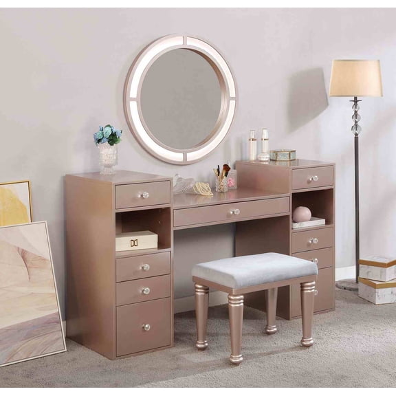 Pinovk Glam Style 1pc Vanity w/ Padded Stool Set 3mm Mirror Storage Drawers LED On Mirror Tiffany Blush Finish Bedroom Furniture