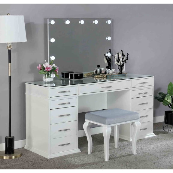 Pinovk Glam Style 1pc Vanity w/ Padded Stool Set 8mm Glass Top Storage Drawers LED On Mirror Luminous White Finish Bedroom Furniture