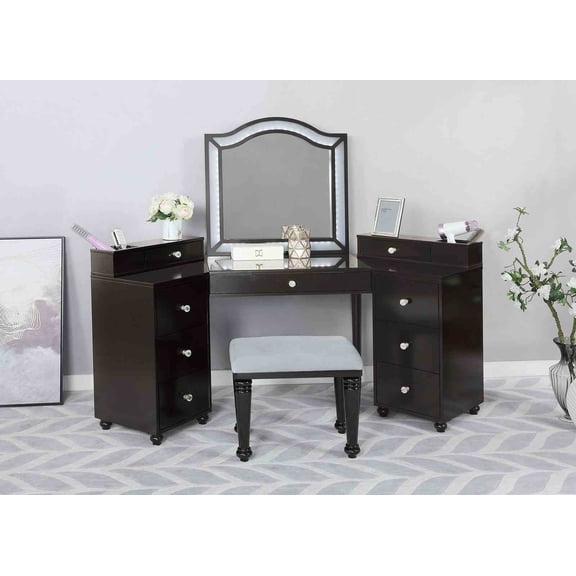 Pinovk Glam Style 1pc Vanity w/ Stool Set 8mm Glass Top Storage Drawers LED On Mirror Obsidian Gray Finish Bedroom Furniture