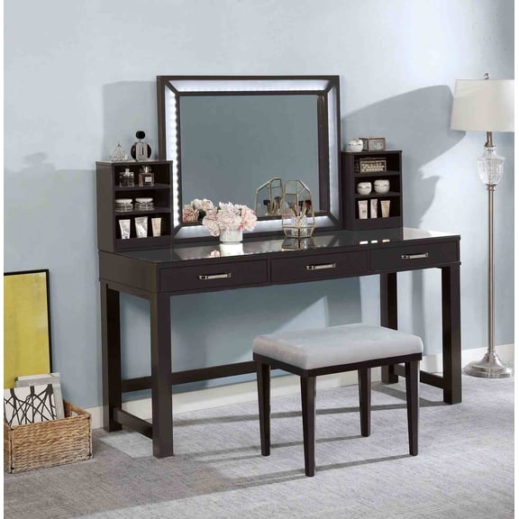 Pinovk Glam Style 1pc Vanity w/ Stool Set Tempered Glass Top Central Mirror Storage Drawers Padded Stool Obsidian Gray Finish
