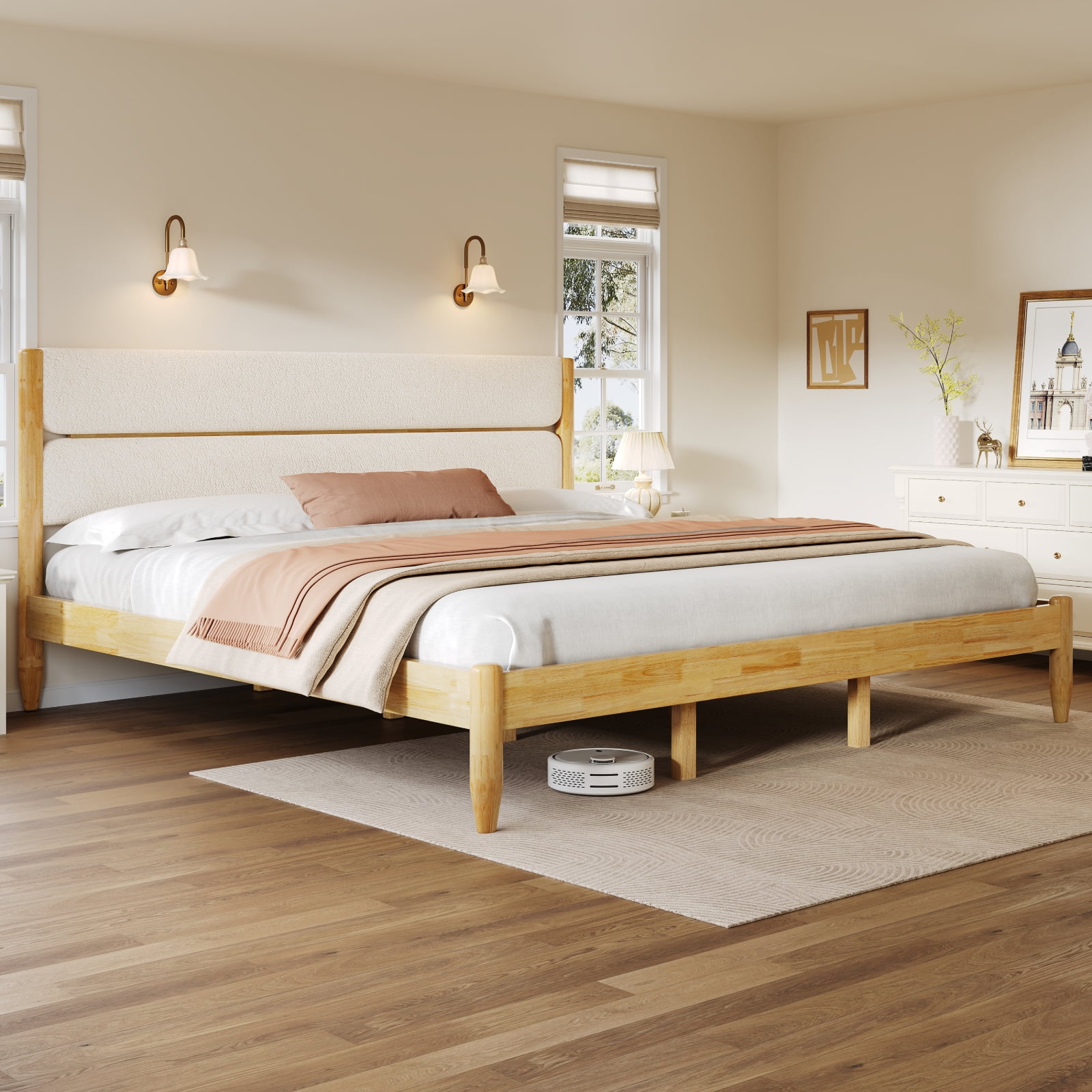 Pinovk King Size Solid Wood Bed Frame With Fleece Upholstered Headboard, Ivory