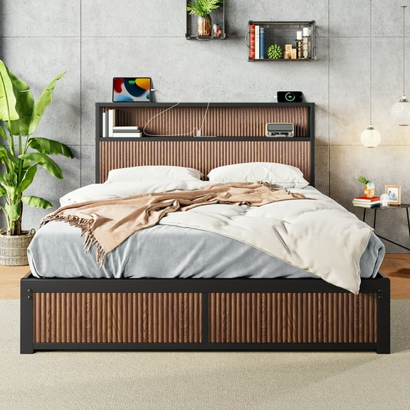 Pinovk Large raised-pattern storage bed frame, wooden platform bed frame with multiple drawer storage function, bedside socket, brown wood (Queen)