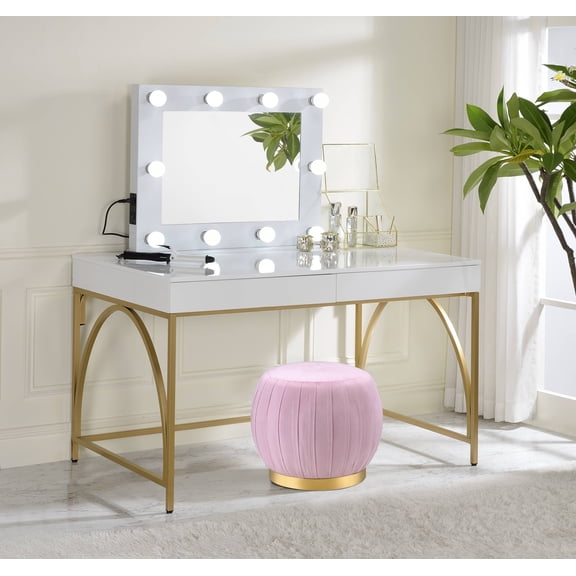 Pinovk Lightmane White High Gloss & Gold Finish Vanity Desk