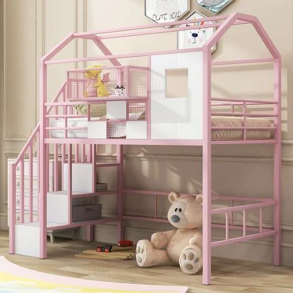 Pinovk Metal Loft Bed with roof design and a storage box, Twin, Pink