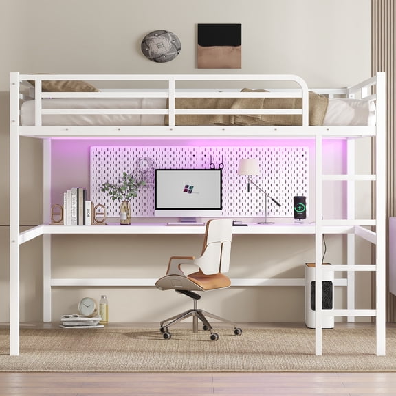 Pinovk Metal Queen Size Loft Bed with Power Outlet and LED Lighted, Space-Saving, Noise Reduced, White