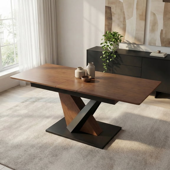 Pinovk Modern Dining Table with MDF + Solid Wood Veneer Tabletop, Natural Texture, Scratch-Resistant, Cross Geometric Metal Legs for Contemporary Kitchen & Dining Room (Dark Walnut, 1 Table)
