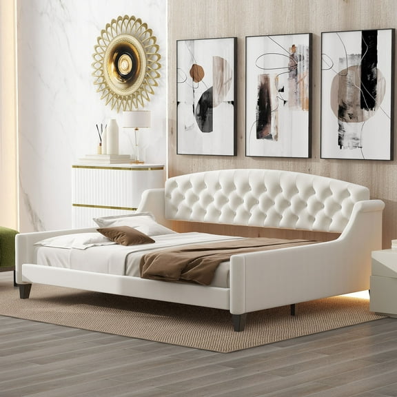 Pinovk Modern Luxury Tufted Button Daybed, Full, Beige(Old SKU: SM001009AAA,GX001009AAA)