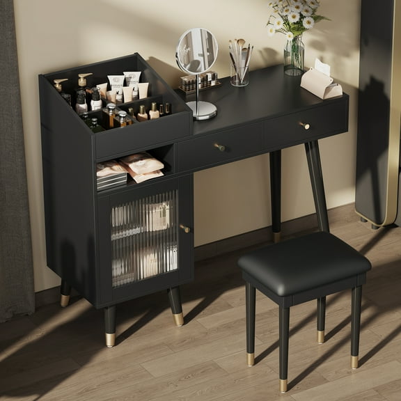 Pinovk Modern Makeup Vanity Desk with Drawers, Cabinet & Charging Port, Space-saving Dressing Table Set with Stool for Small Places, Black
