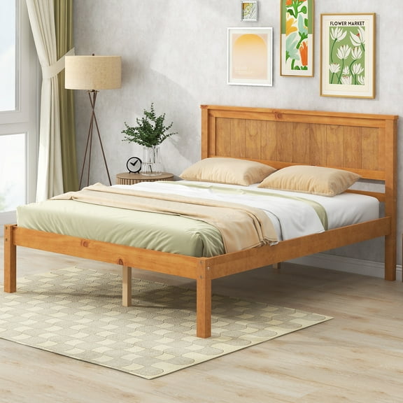 Pinovk Platform Bed Frame with Headboard, Wood Slat Support, No Box Spring Needed, Full, Oak