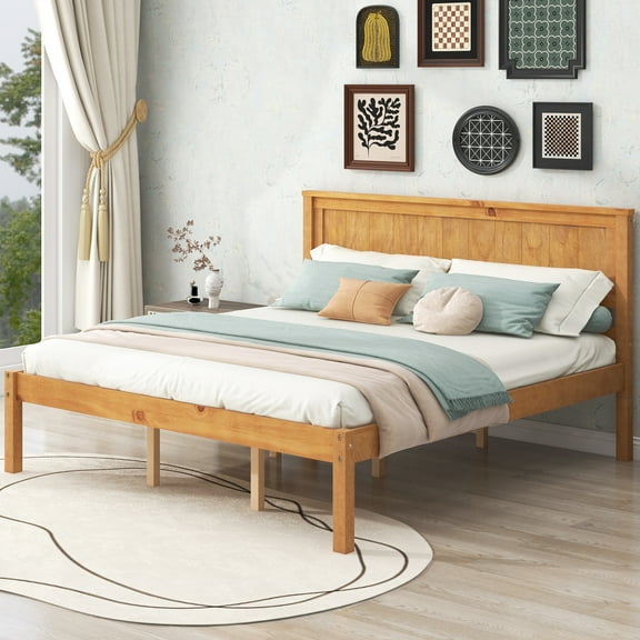 Pinovk Platform Bed Frame with Headboard, Wood Slat Support, No Box Spring Needed, Queen, Oak