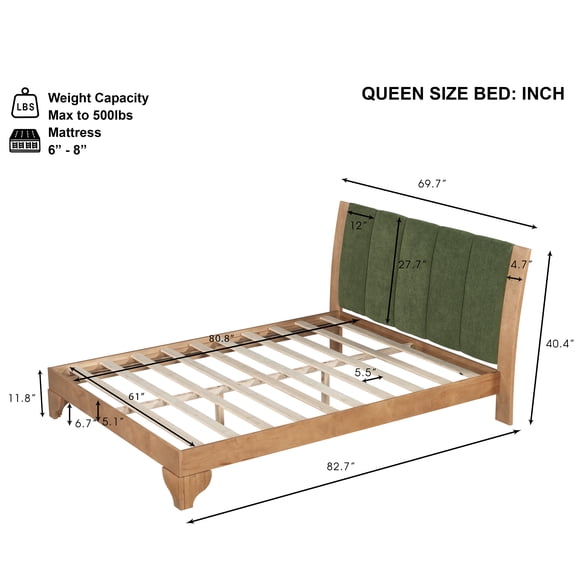 Pinovk Premium Pine Wood Queen Bed Frame,Queen Size Bed Frame with Headboard Included,Mid Century Modern Bed,Natural&Green Color