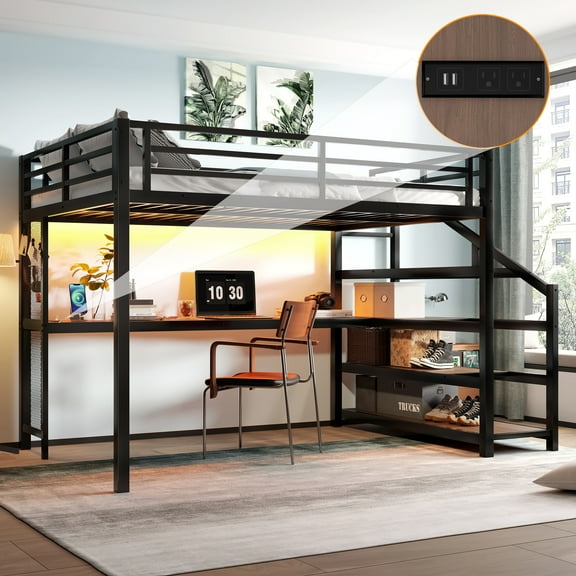 Pinovk Queen Loft Bed with Desk and Storage Stairs, Metal Loft Beds with LED Lights, USB Ports, Multifunctional Iron Nets, No Spring Box Needed and Noise-free, Black