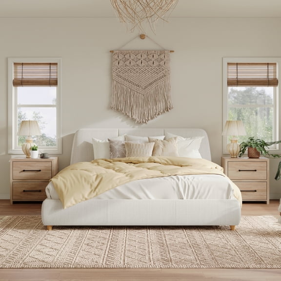 Pinovk Queen Size Modern Upholstered Bed Frame with Linen Fabric and Solid Wood Legs, White