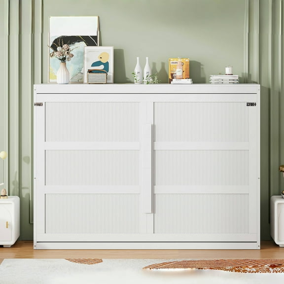 Pinovk Queen Size Murphy Bed Wall Bed Modern design with LED Lights,White(DLD SKU:LP000973AAK)