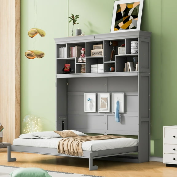 Pinovk Queen Size Murphy Bed Wall Bed with Top Shelves & USB,Gray(OLD SKU:LP006668AAE)