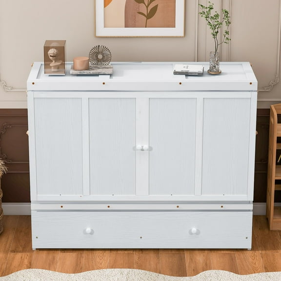 Pinovk Queen Size Murphy Bed with USB Port and a Large Drawer, White