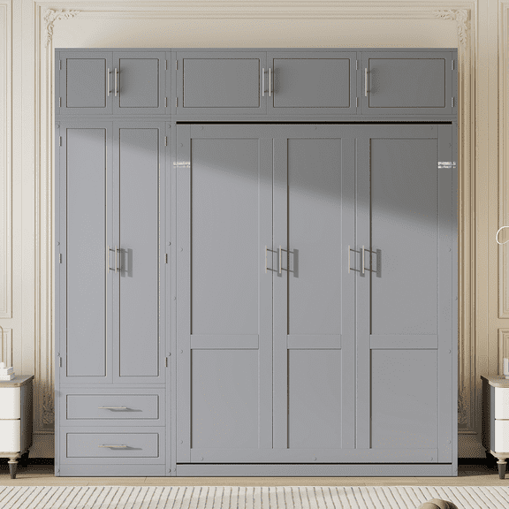 Pinovk Queen Size Wall Murphy Bed with Top Cabinet,Shelves and Wardrobe, Space Saving Foldable Bed,Gray(old sku:N708S00022E)