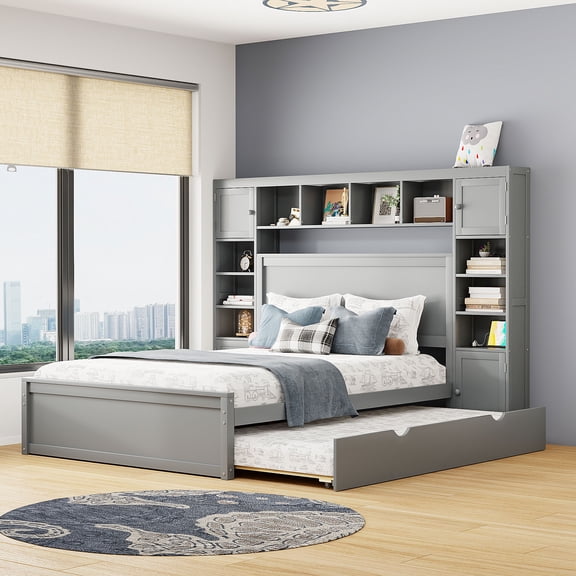Pinovk Queen Size Wooden Bed With All-in-One Cabinet, Shelf and Sockets,Twin XL Trundle, Gray