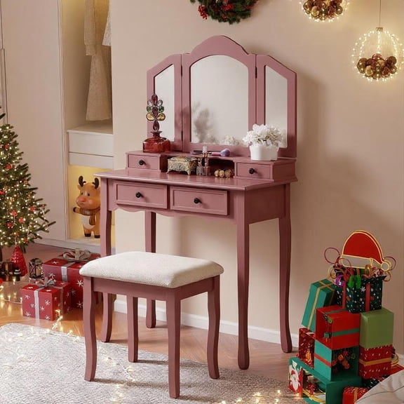 Pinovk Sanlo Wooden Vanity Make Up Table and Stool Set, Rose Gold