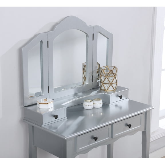Pinovk Sanlo Wooden Vanity Make Up Table and Stool Set, Silver