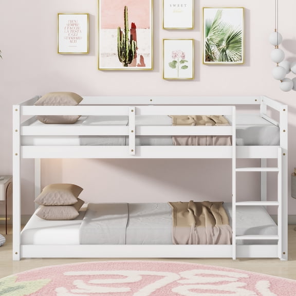 Pinovk Solid Wooden, Solid Rubber Wooden Twin over Twin Floor Bunk Bed with Ladder, with Bed Platform of Strengthened Slats,White
