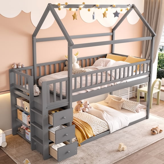 Pinovk TWIN/TWIN HOUSE BUNK BED WITH SHELVES AND DRAWERS FOR GREY COLOR