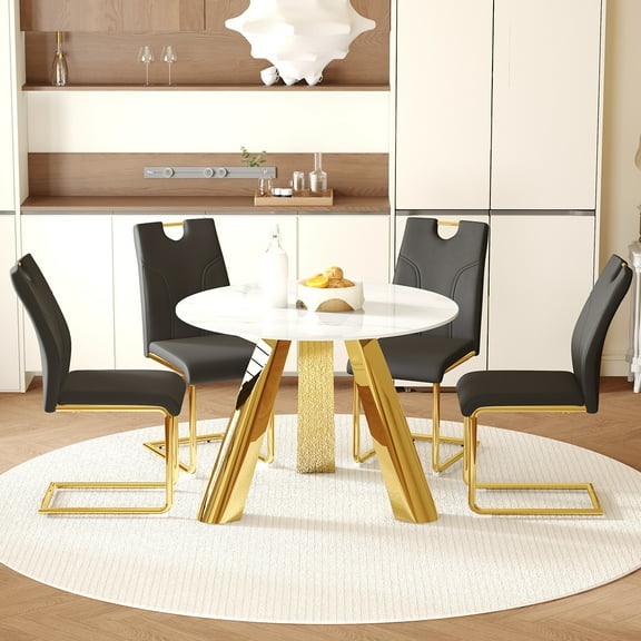 Pinovk Table and chair set.A 42-inch stainless steel leg round table.Paired with 4 Uniquely designed Black Dining Chairs With Golden Metal Leg.Snow Mountain White Texture Sintered Stone Tabletop.