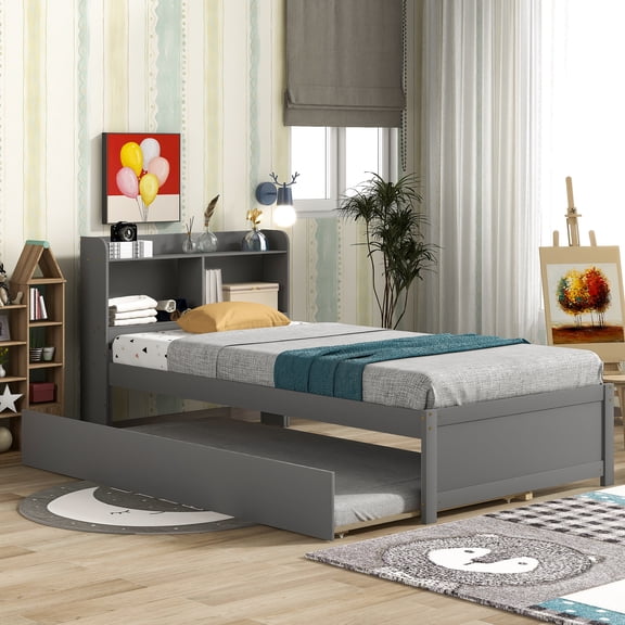 Pinovk Twin Bed with Trundle,Bookcase,Grey