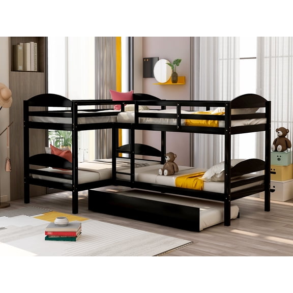 Pinovk Twin L-Shaped Bunk bed with Trundle-Espresso{OLD SKU:LP000024AAP}