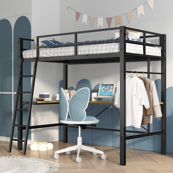 Pinovk Twin Metal Loft Bed with L-Shaped Desk, Charging Station Loft Bed Frame Twin Size, Safety Guard & Ladder, No Box Spring Needed, Black