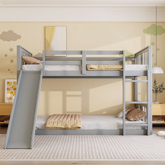 Pinovk Twin Over Twin Bunk Bed with Slide and Ladder, Gray