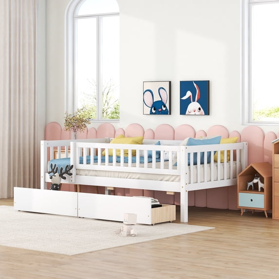 Pinovk Twin Size Daybed Wood Bed with Two Drawers , White