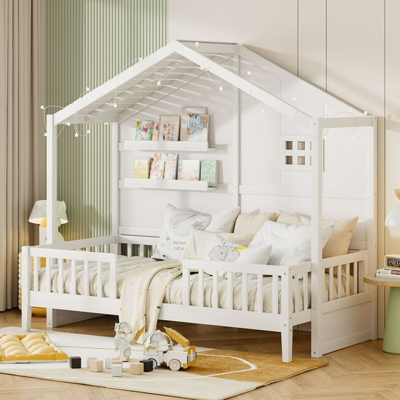 Pinovk Twin Size House Bed with Shelves, House Bed with Window and Sparkling Light Strip on the Roof, White