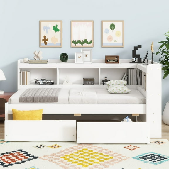 Pinovk Twin Size L-shaped Bookcases Bed with Power Outlets, USB Charging Ports,Two Drawers,White