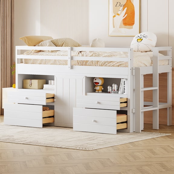 Pinovk Twin Size Loft Bed with 4 Drawers, Underneath Cabinet and Shelves, White