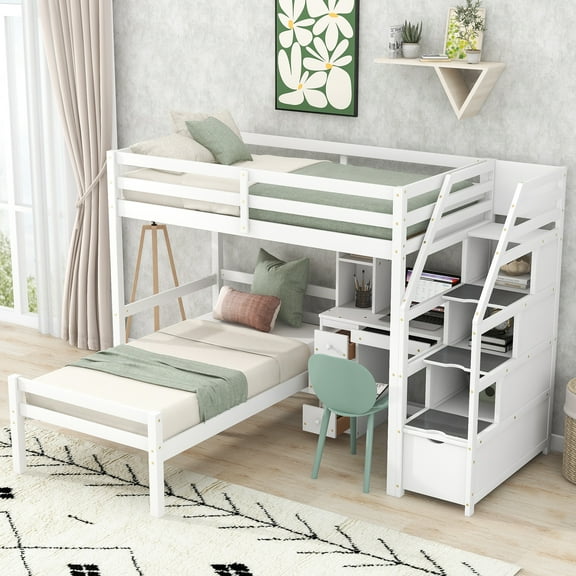 Pinovk Twin Size Loft Bed with a Stand-alone Bed, Storage Staircase, Desk, Shelves and Drawers, White