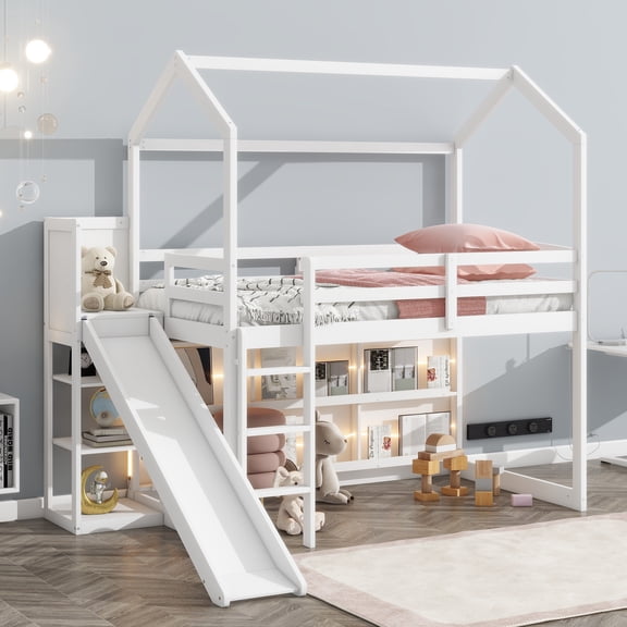 Pinovk Twin Size Wood House Loft bed with Slide, Storage shelves and Light, White